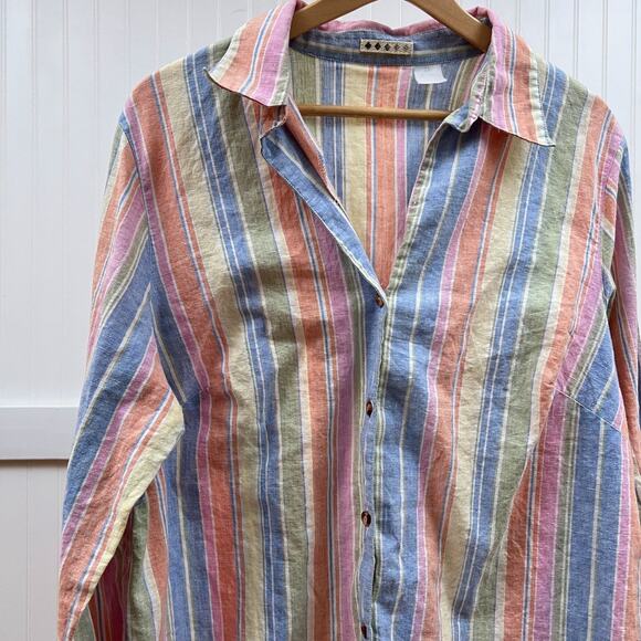 Vintage 2X Women's Rainbow Pastel Button Down Top Collar Striped Linen - Picture 1 of 9